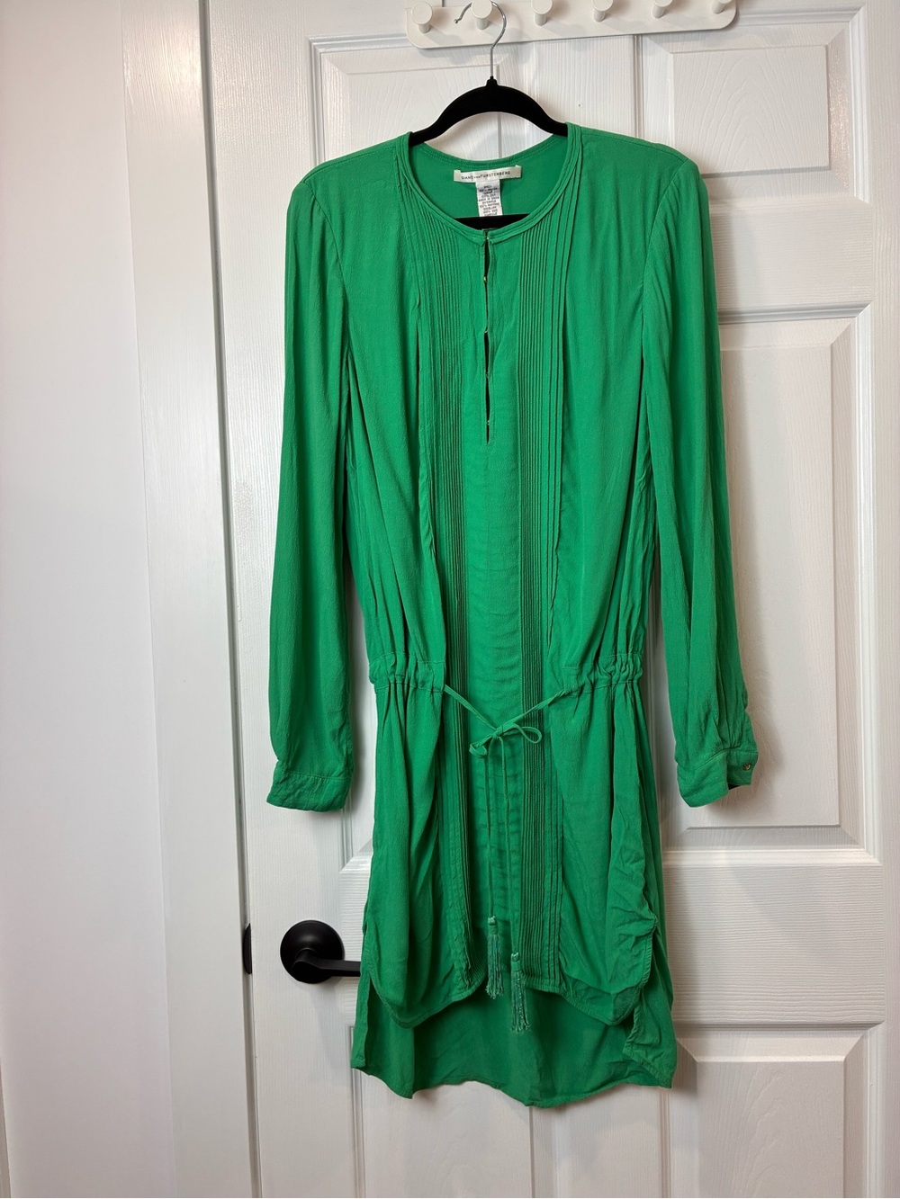 DVF Dress Green Women's Drawstring Waist Silk Rayon gold detail